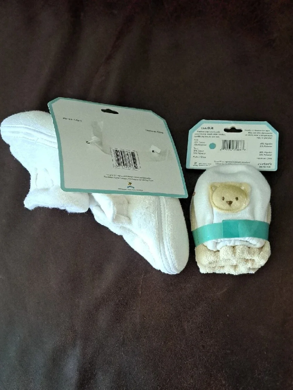 child of mine White Baby Mittens & Slippers Set with Beige Bear Accent